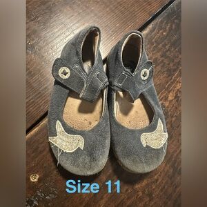 Livie & Luca Gray Suede Mary Janes with Cream Bird Appliques